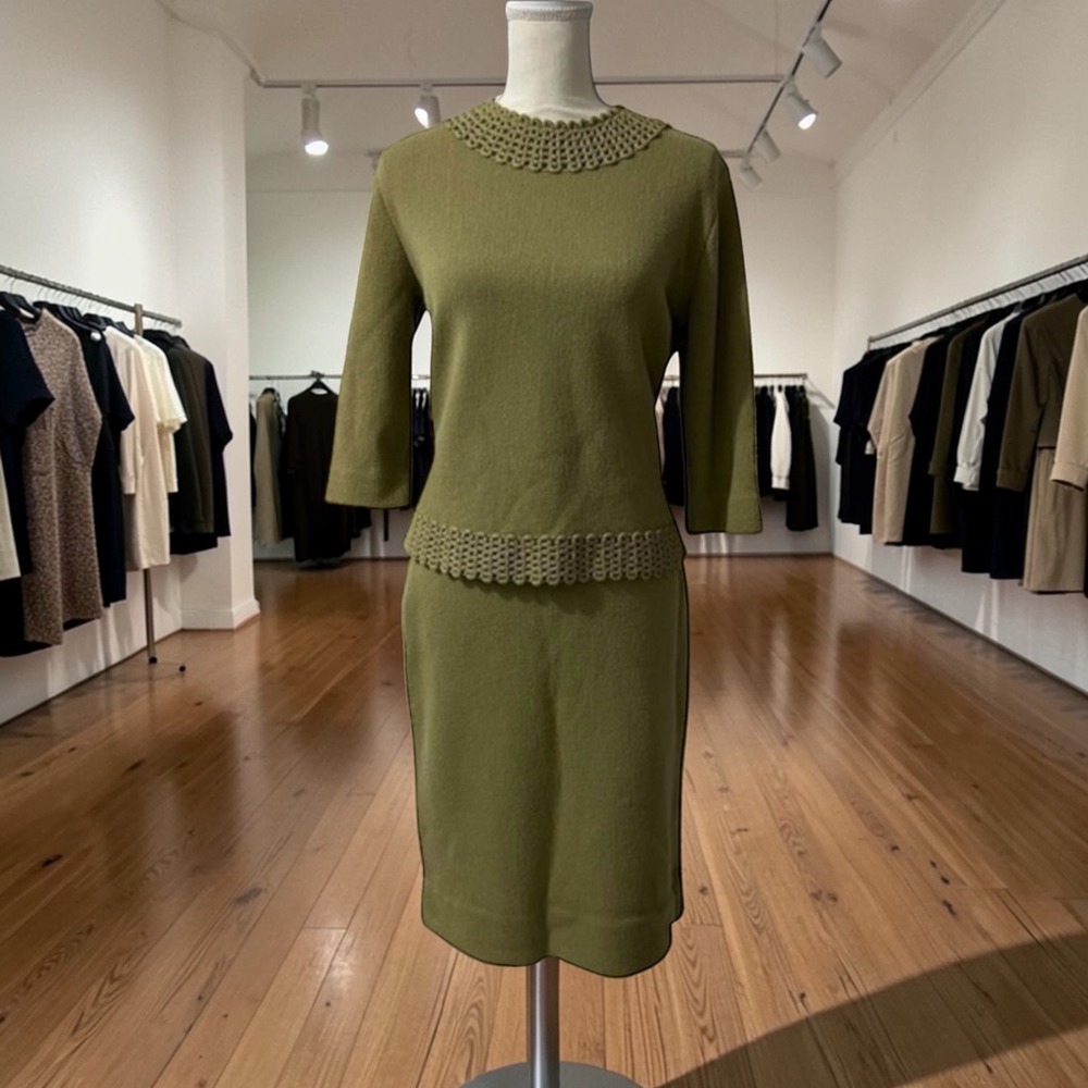 Vintage Glasgo Wool Mohair Sweater Skirt Set Olive Crochet Collar Mod 60s